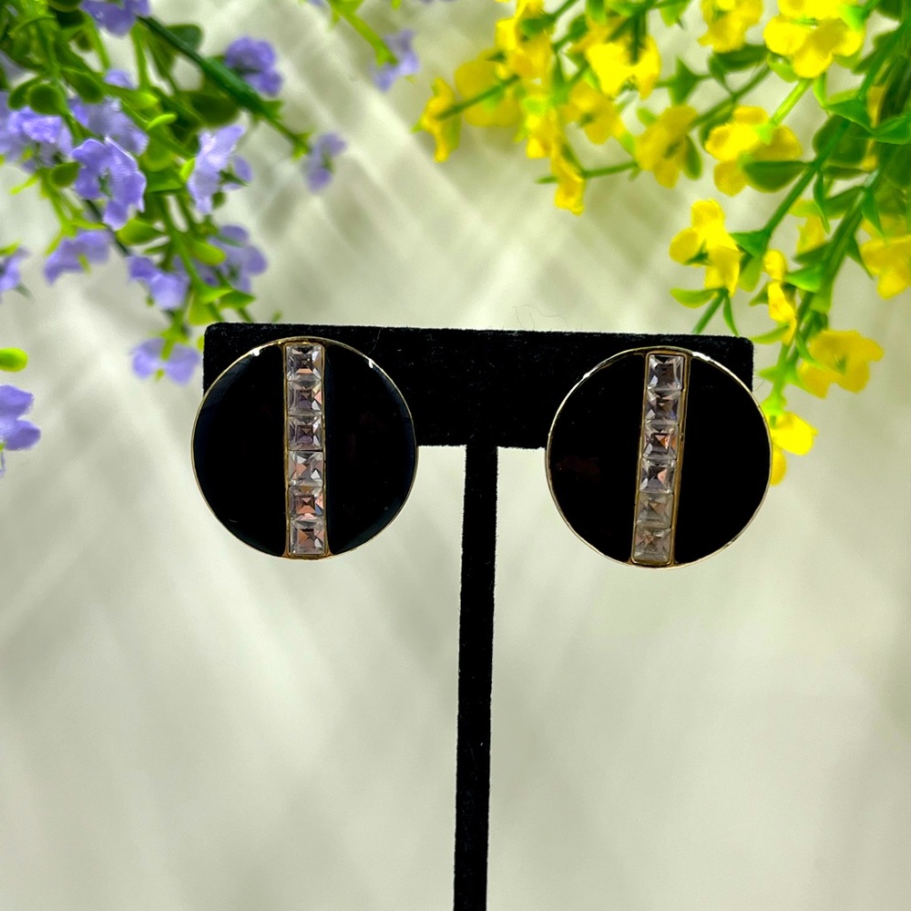 Art Deco Style Crystal and Black Enamel Vintage Clip On Earrings